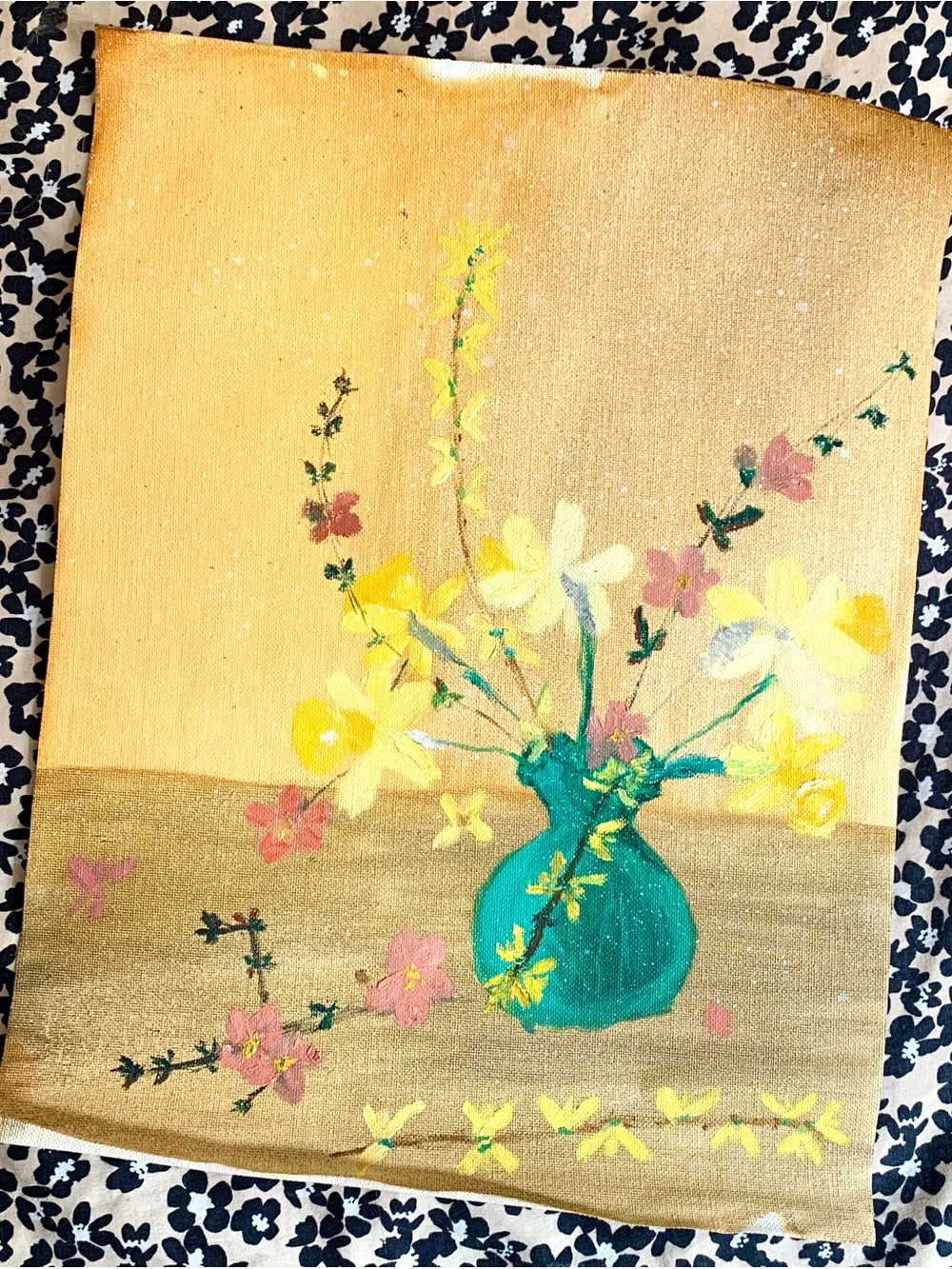 Vintage 60’s Floral Vase Portrait Painting on an Unstretched Canvas | 15.5”x12”